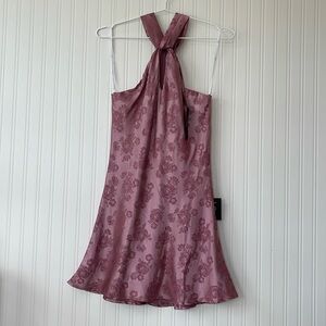 Pink Floral Jacquard Tie Neck Mini Dress